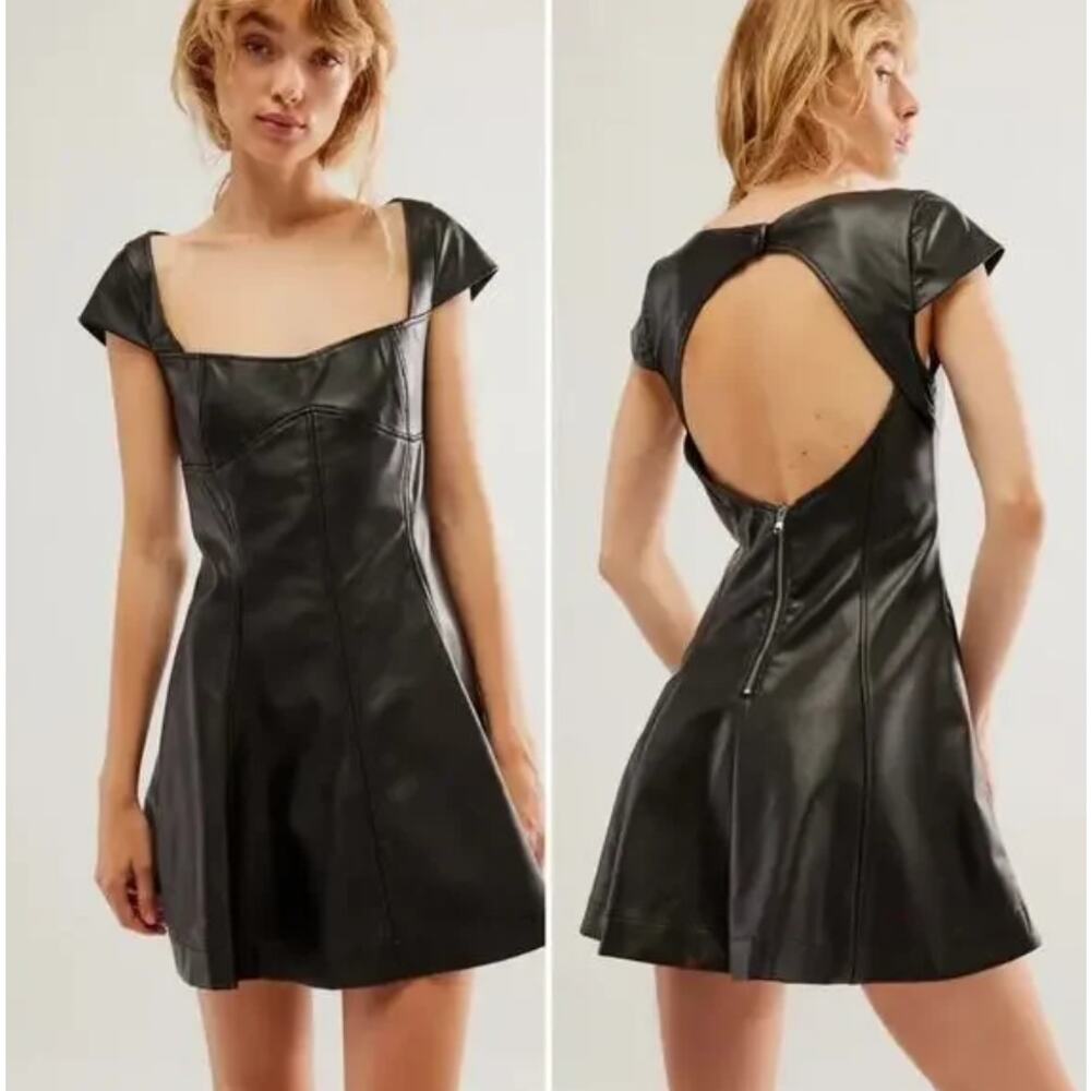 NEW Free People MIMI Luxe Vegan Leather Rayon Open Back Mini Dress Size 6 NWOT